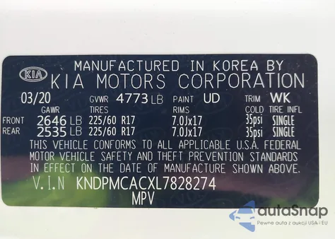 2020 Kia Sportage Lx z USA, uszkodzony, nr VIN KNDPMCACXL7828274